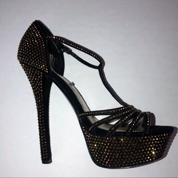 BLack and gold rhinestone platform heel 9 - Picture 1 of 5